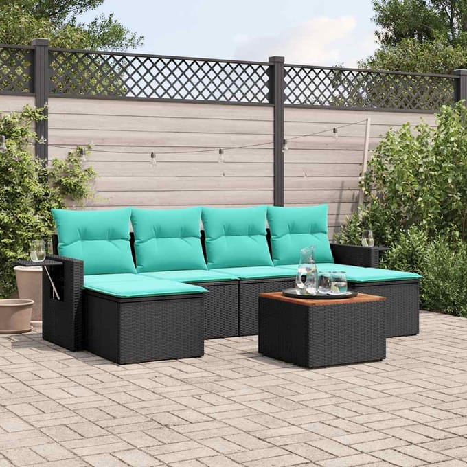 vidaXL - 7-delige - tuinbankset - met - kussens - van - zwart - polyrotan