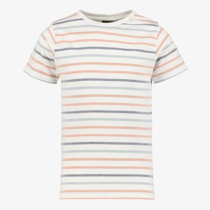 Unsigned gestreept jongens T-shirt wit pastel - Maat 170