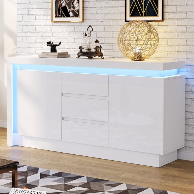 Sideboard - 140x35x72 cm wit - 3 laden & 2 deuren - verstelbare planken - LED met app