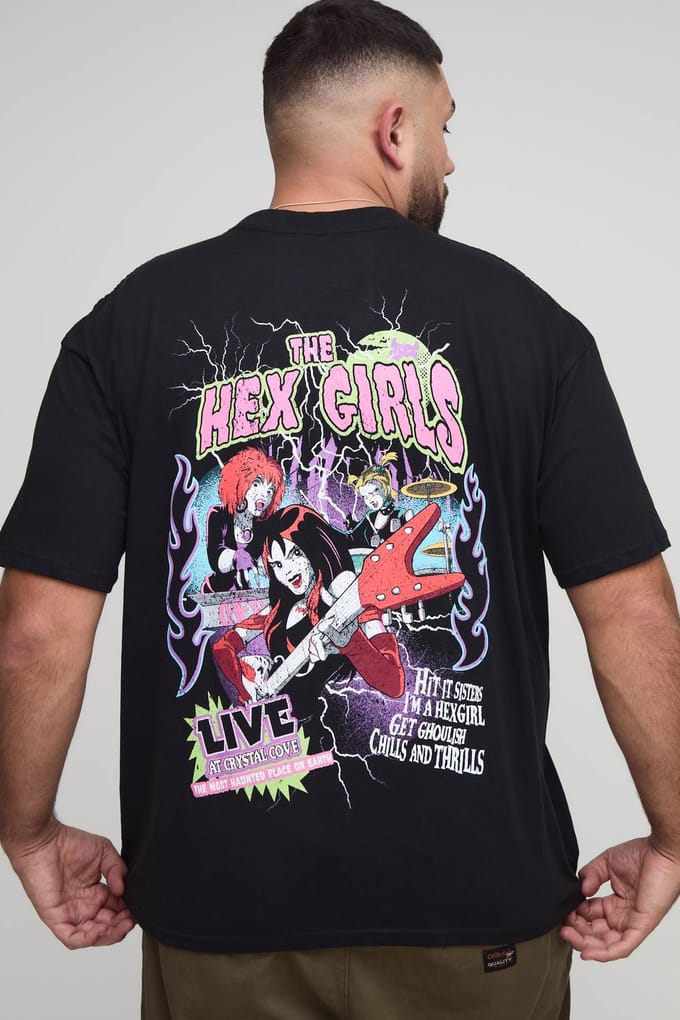Oversized Extended Neck Scooby Doo Hex Girls License Print T-Shirt | Black | Size Medium