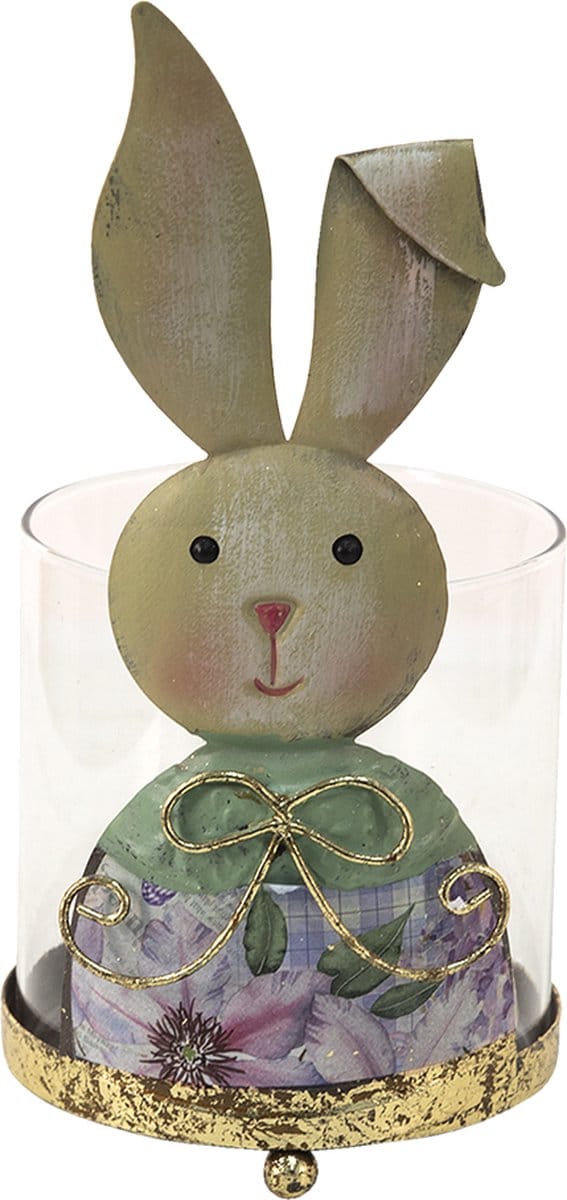 Clayre & Eef Windlicht Konijn 11x10x22 cm Beige Groen Metaal