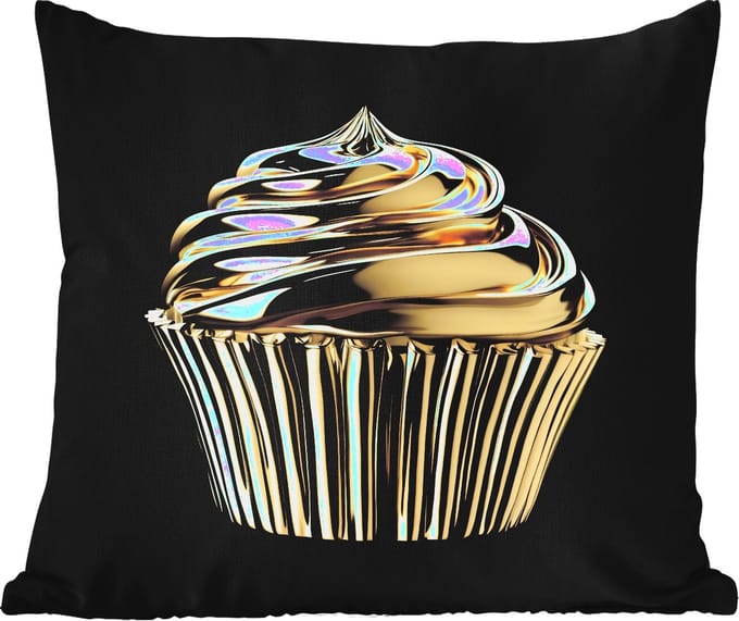 Tuinkussen - Cupcake - Eten - Goud - Zwart - 40x40 cm - Weerbestendig