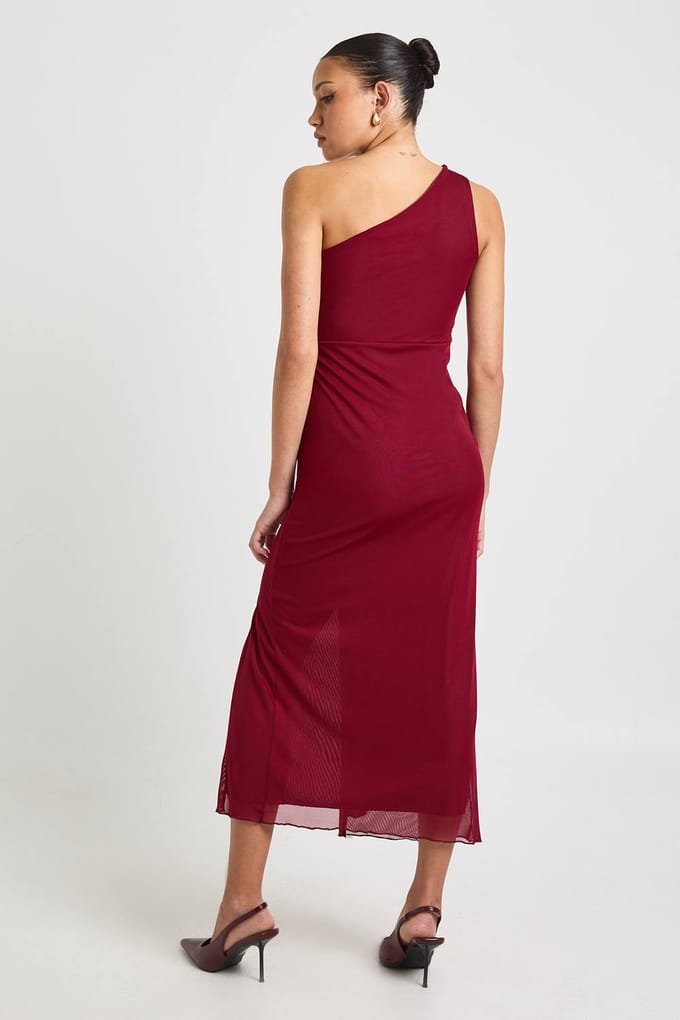 boohoo Dames Uitgesneden Éen-schouder Mesh Midaxi Jurk | Bordeaux Rood | Maat: 44