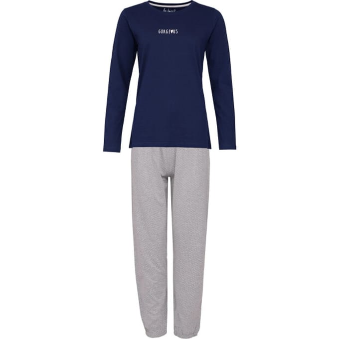 By Louise Dames Pyjama Set Lang Katoen Donkerblauw / Grijs Gestipt - Maat M