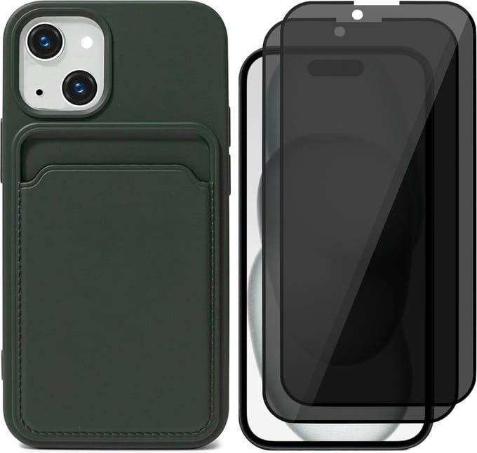 Hoesje Pasjeshouder geschikt voor iPhone 15 Plus - 2x Privacy Screenprotector FullGuard - Siliconen Case Back Cover Groen & Screen Protector