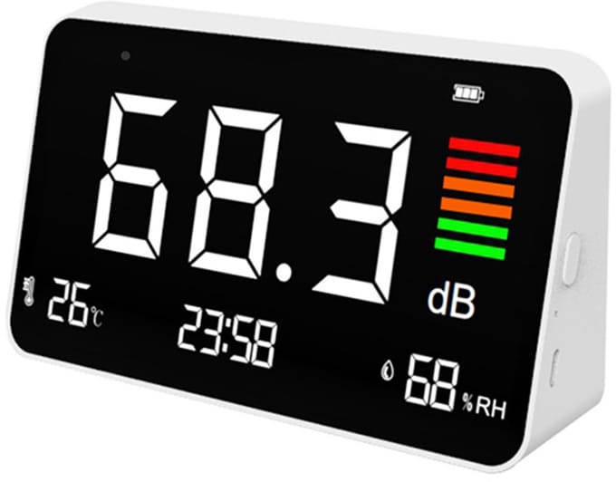 Vier-in-één decibelmeter, digitale geluidsniveaumeter, draagbare geluidsniveaudetector, oplaadbare decibelgeluidsmeter