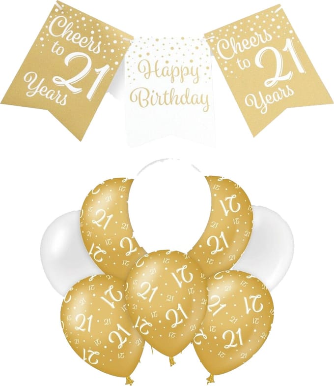 Paperdreams Luxe 21 jaar feestversiering set - Ballonnen & vlaggenlijnen - wit/goud