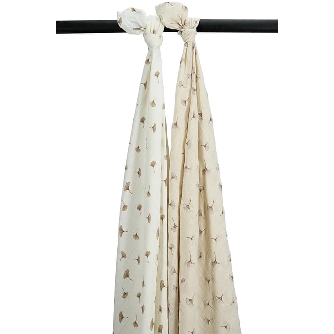 Meyco Baby Ginkgo swaddle - 2-pack - pre-washed hydrofiel - offwhite/soft sand - 120x120cm