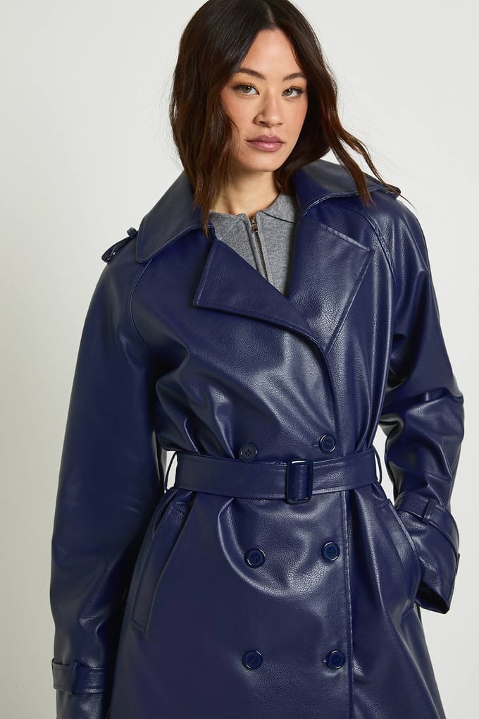 boohoo Dames Lange kunstleren trenchcoat | Navy | Maat: 8