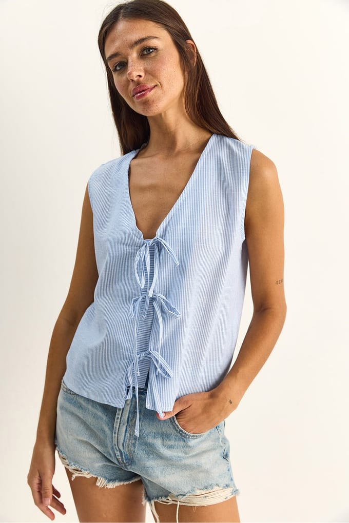 Gestreepte V-hals Blouse met Strikdetail
