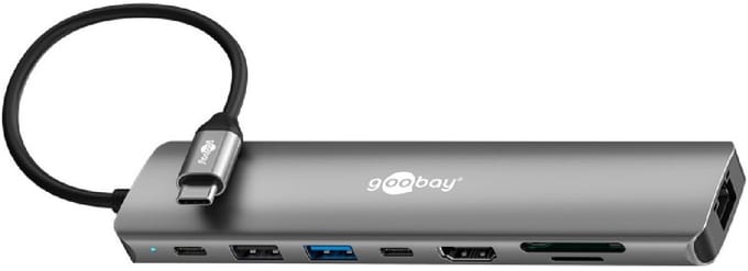 Goobay 4K 30 Hz en 100 Mbit/s RJ45, slanke 8-poorts USB-C hub met HDMI, USB-A tot 5 Gbit/s, PD 100 W en SD/microSD-lezer