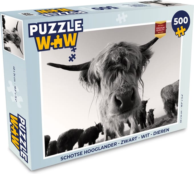 Puzzel Schotse Hooglander - Zwart - Wit - Dieren - Legpuzzel - Puzzel 500 stukjes