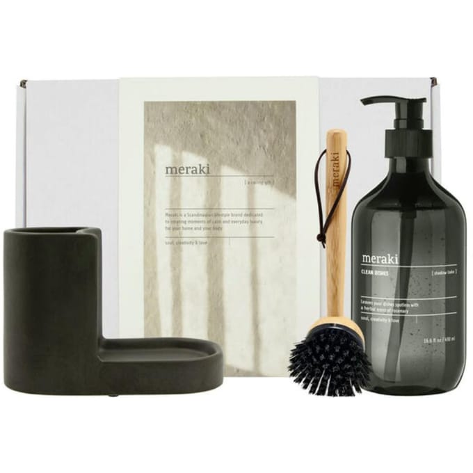 Meraki Gift Box w. Dark Grey Holder, Nature Brush &amp; Shadow Lake Dish Wash 490 ml + 2 st