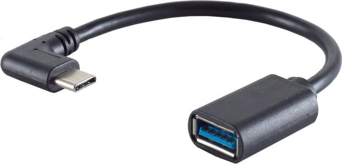 USB-C (m) haaks (links/rechts) - USB-A (v) adapter - USB3.0 / zwart - 0,15 meter