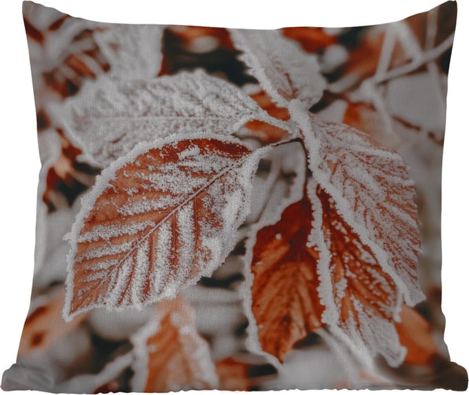 Sierkussen Buiten - Bladeren - IJs - Winter - Natuur - 60x60 cm - Weerbestendig