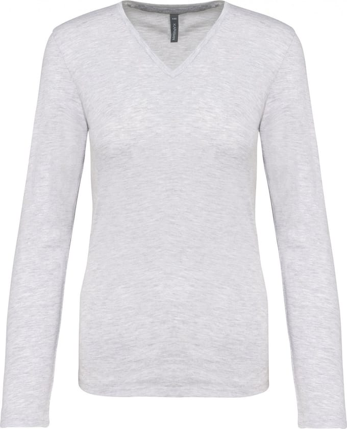 Kariban Dames t-shirt V-hals lange mouwen K382 - Ash Heather - M
