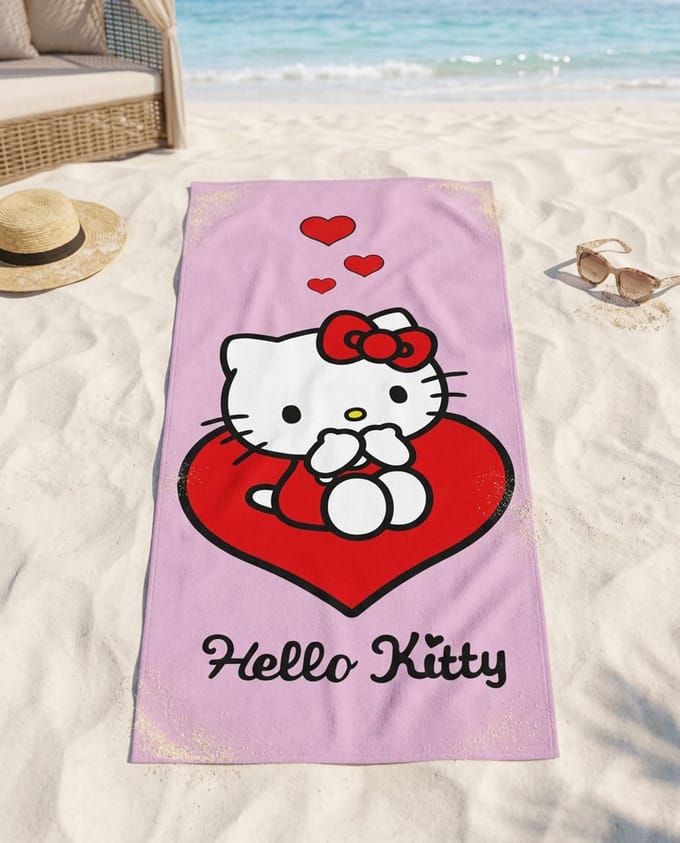 Hello Kitty Love badhanddoek, strandhanddoek 70x140cm (Snel Drogend)