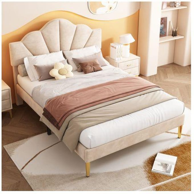 Gestoffeerd bed - 140x190 cm - Verstelbaar hoofdeinde - Beige fluweel - Houten lattenbodem beige