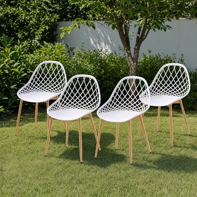 EGGREE Tuinstoelen Set van 4 - Opengewerkt Patroon PP-Metaal - Tuin - Terras - Balkon - Compact - Eetkamer - Wit