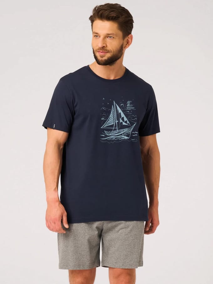 Key Katoenen Heren Pyjama Korte Mouw Print Navy Grijs MNS 731 L