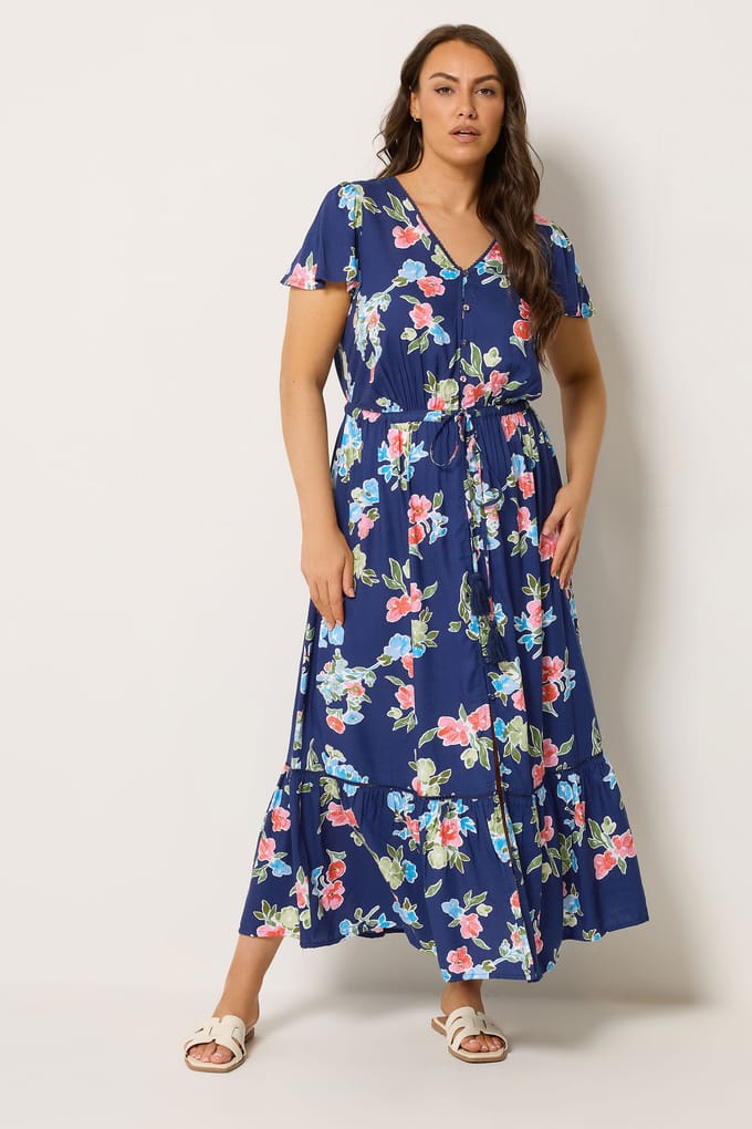 Yours Blauwe Jurk Met Bloemenprint En Mouwen Size 44