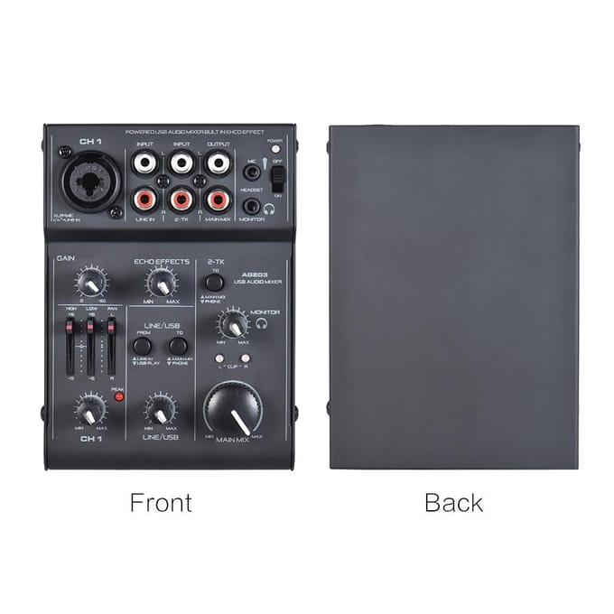 AGE03 Mini console de mixage micro-ligne 5 canaux avec interface audio USB Echo intégré black
