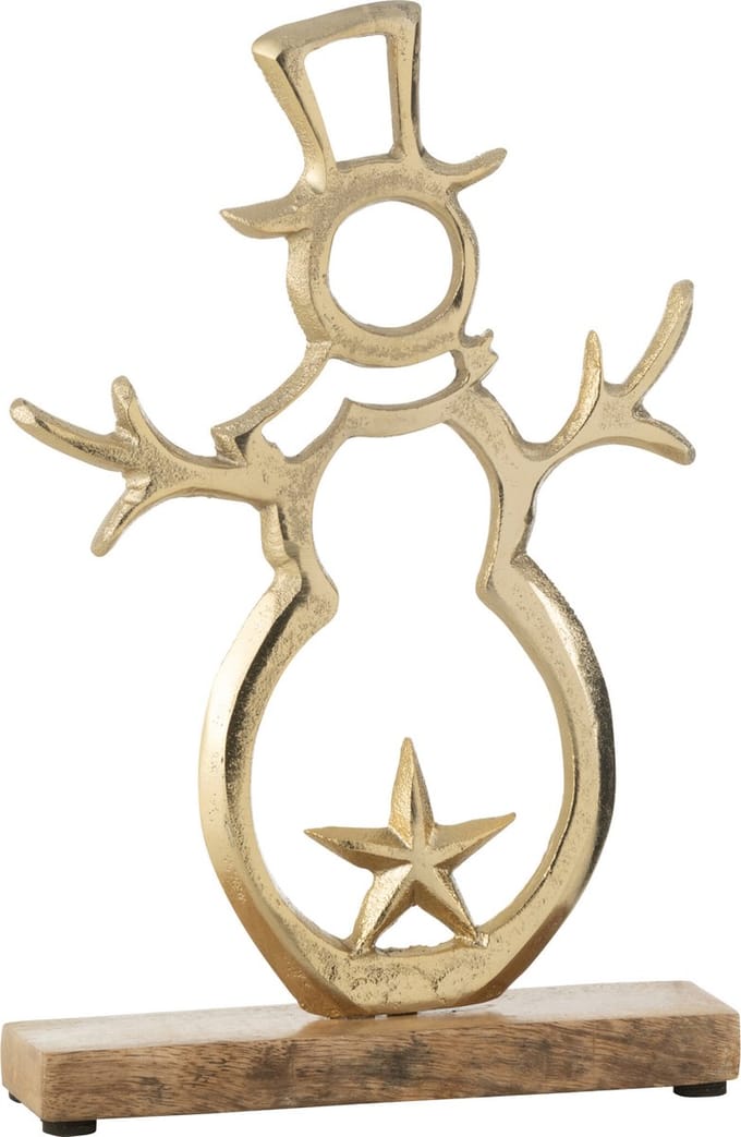J-Line decoratie Sneeuwman Ster Op Voet - aluminium/hout - goud - large