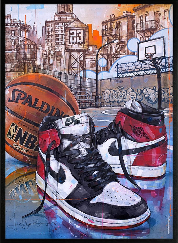 Sneaker print basketball black toe 51x71 cm *ingelijst & gesigneerd