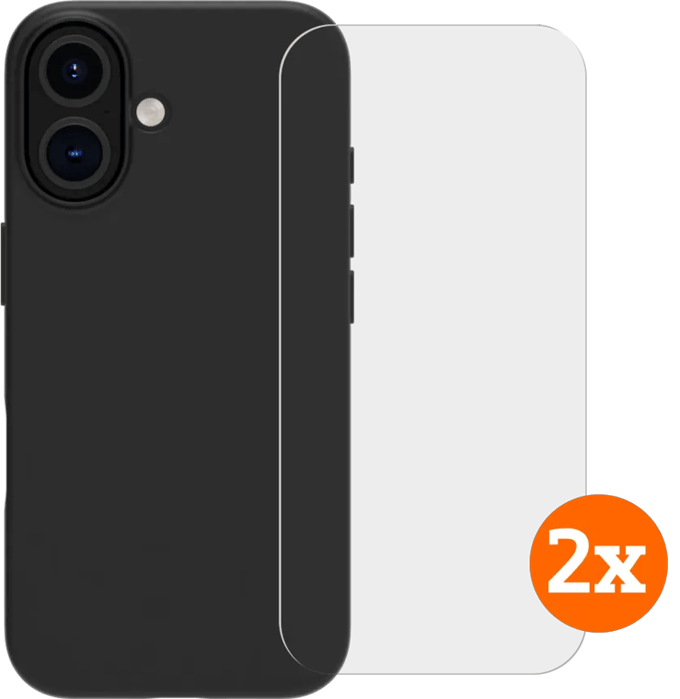 BlueBuilt Back Cover iPhone 16 Zwart + Screenprotector Glas Duo Pack