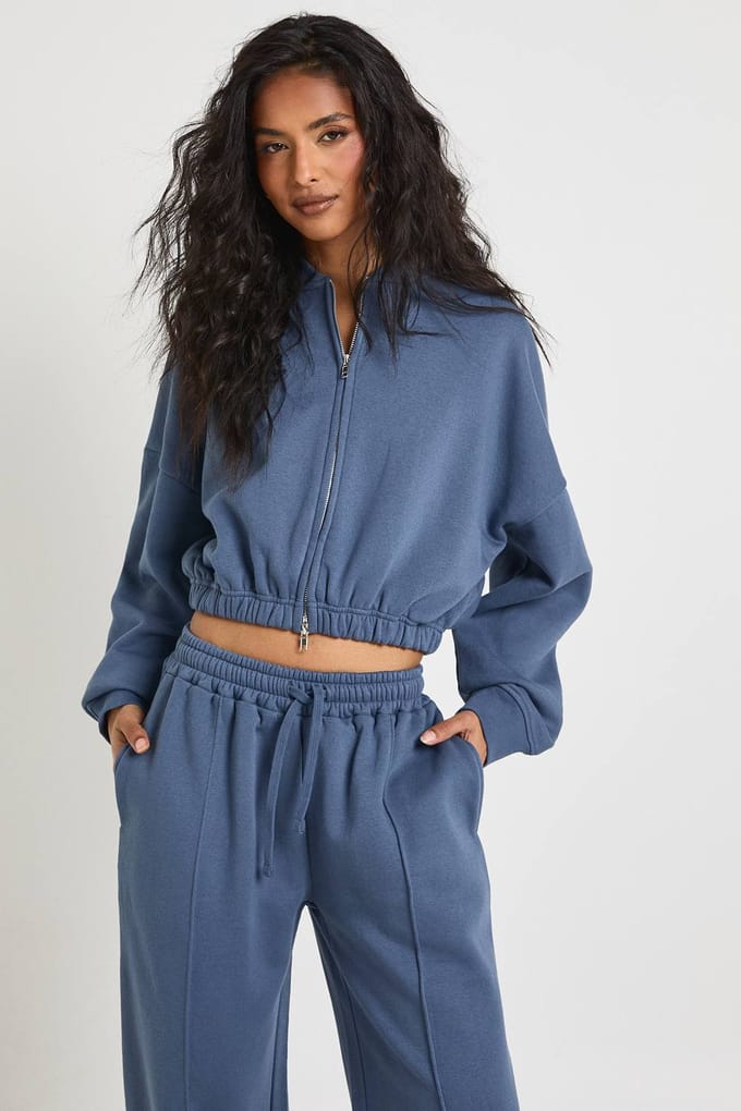 boohoo Dames Zip-Up Bomber Rechte Pijpen Trainingspak | Leisteen | Maat: Small
