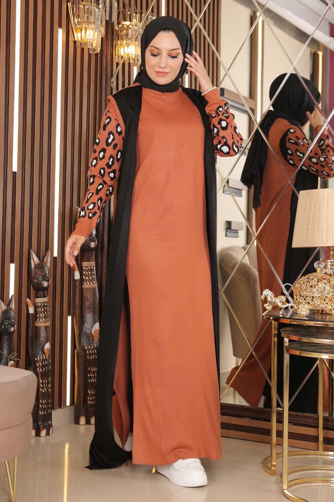 Met patroon Sleeve Gebreid Jurk Beige-bruin