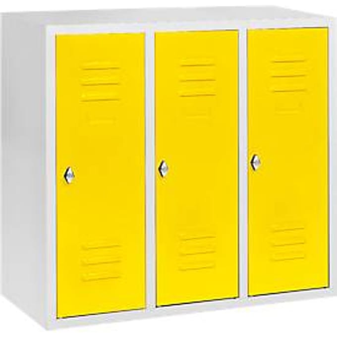 Halfhoge kledinglocker, 3 compartimenten, 300 mm, draaigrendelslot, lichtgrijs/zinkgeel