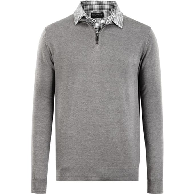 Milanoro - Herenpullover met overhemdkraag en halve rits - Grijs - XXL
