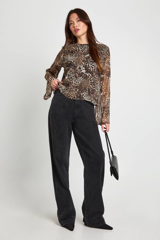boohoo Dames Leopard chiffon blouse met uitlopende mouwen | Brown | Maat: 6