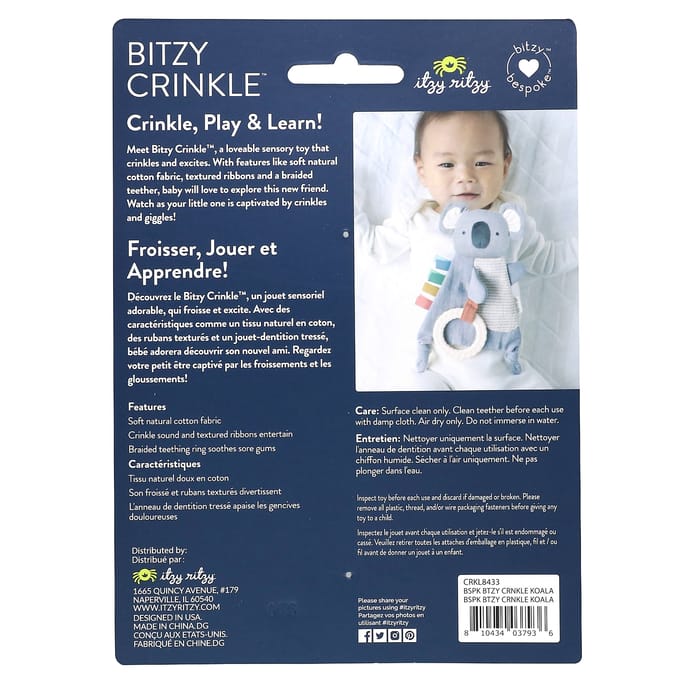 itzy ritzy, Bitzy crinkle, jouet crépitant sensoriel avec tidar, 0+ ans, koala, 1 pièce gray