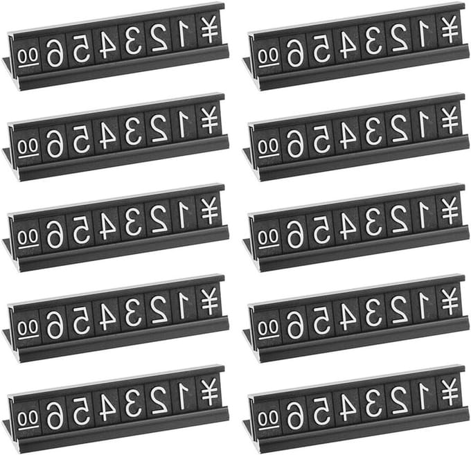 10-delige prijsdisplay set met verstelbare prijs en aluminium basis voor retailgebruik, zwart displayblok
