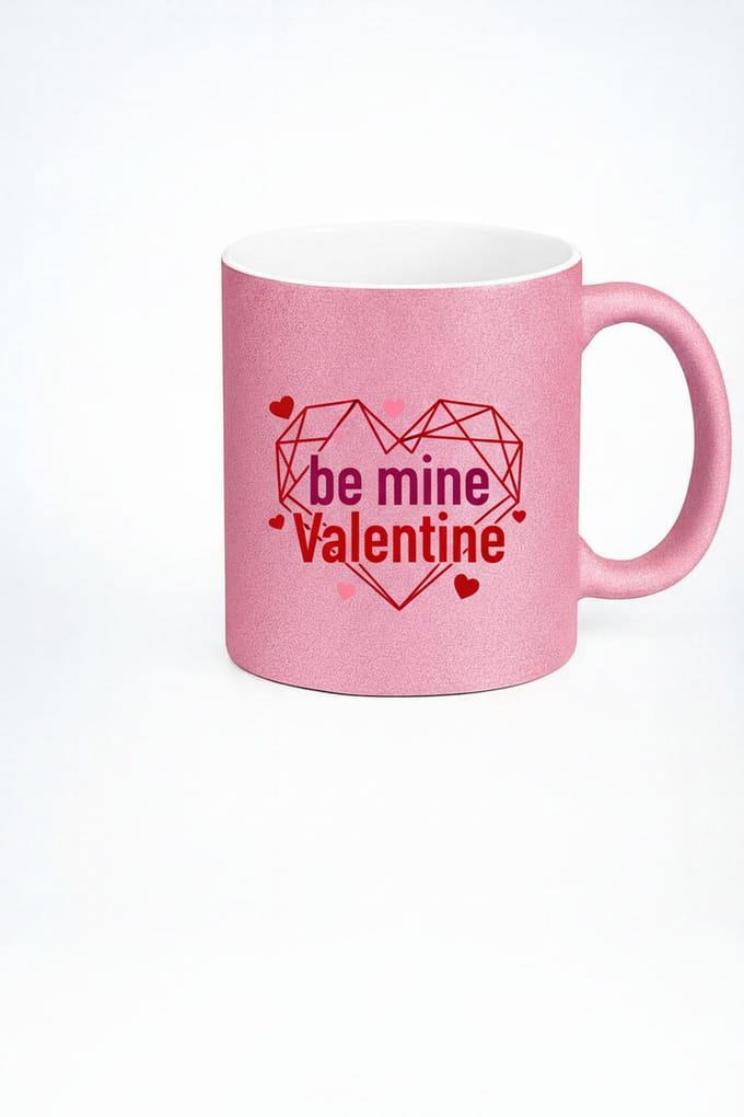 Roze Glitter Valentijn Mok met Be Mine Valentine Hart Design