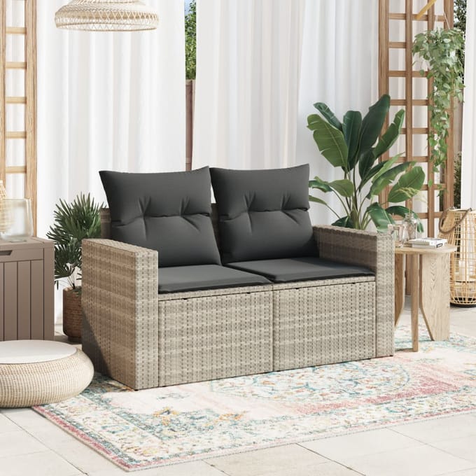 vidaXL - Tuinbank - 2-zits - met - kussens - poly - rattan - lichtgrijs