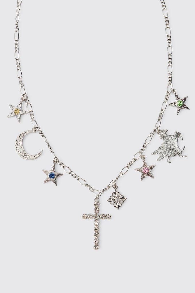 Silver Layered Necklace with Star and Key Charms