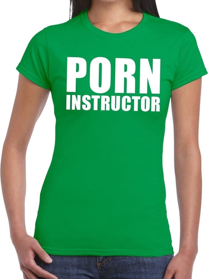 Porn instructor tekst t-shirt groen dames S