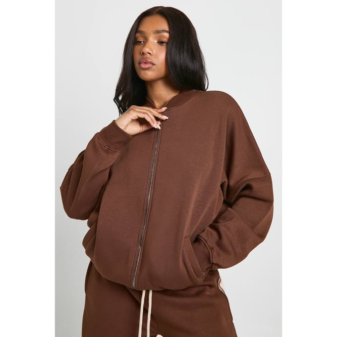 boohoo Dames Bomber Sweatshirt met doorlopende rits | Chocolate | Maat: XS