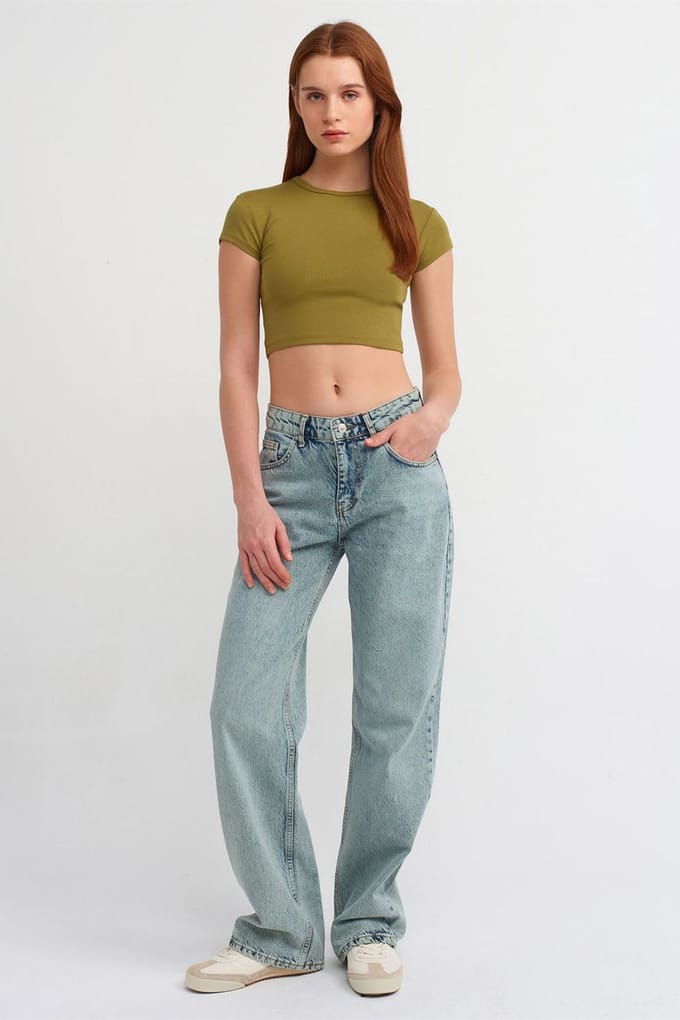 Hoge taille rechte denimjeans van katoen
