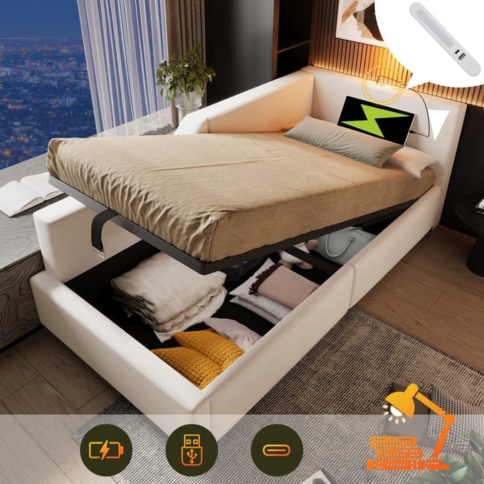 Gestoffeerd Dagbed / Daybed - 90x200 - Hydraulisch Opbergbed + Leeslamp + USB-C - Houten Lattenbodem - Samt - Beige
