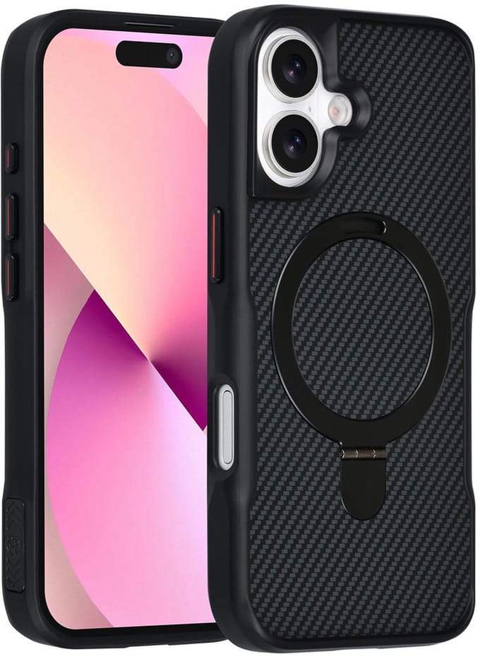 TUNIQ Back cover voor iPhone 17 - MagSafe - Ringstand - Carbon Fiber - Zwart