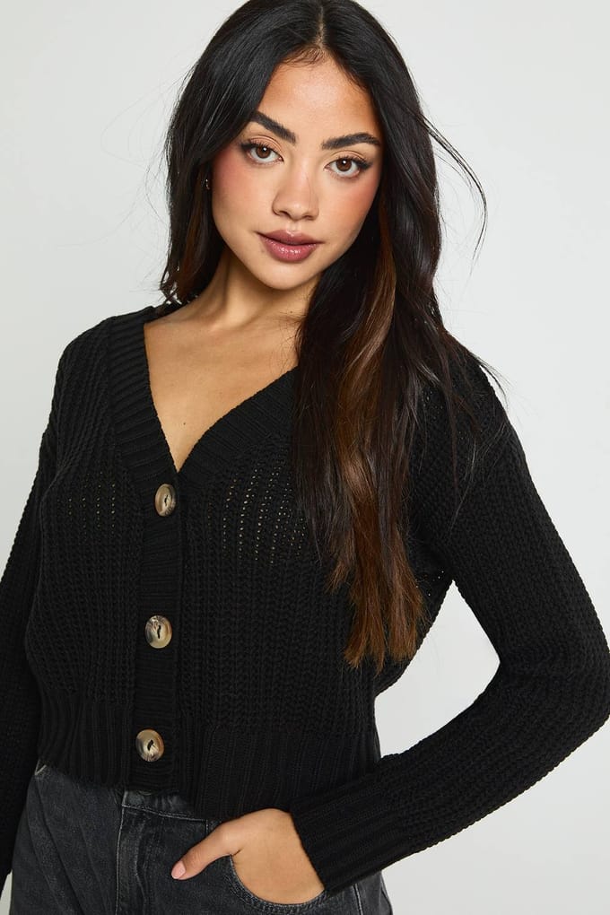 boohoo Dames Chunky Gebreide Cropped Cardigan | Zwart | Maat: Medium