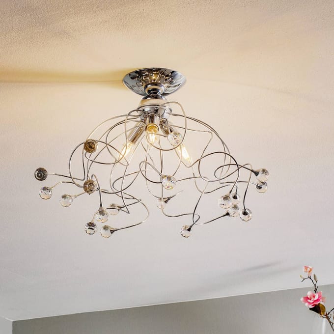 ONLI Plafondlamp Trilly in chroom met kristallen, 3-lamps.
