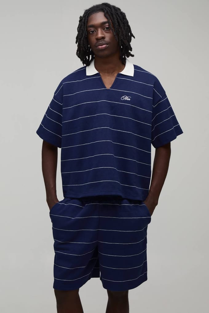Oversized Boxy Piqué Gestreepte Polo & Relaxed Short Set | Navy | Size Medium