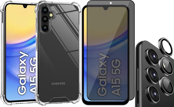 Hoesje geschikt voor Samsung Galaxy A15 - Privacy Screenprotector Volledig Dekkend Glas & Camera Protector - Shockproof Transparant