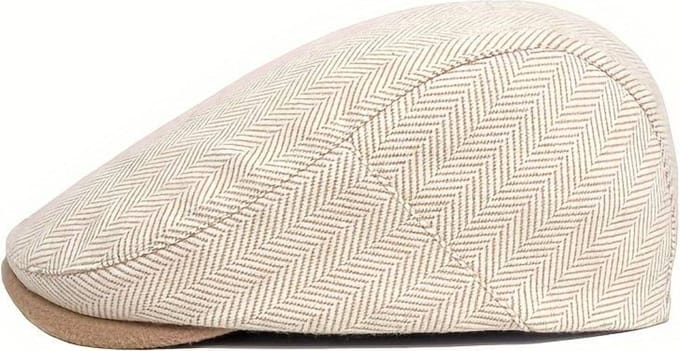 Flatcap Dames/Heren - Beige/Wit Visgraat - Platte retro pet met drukknoop - maat 54-56
