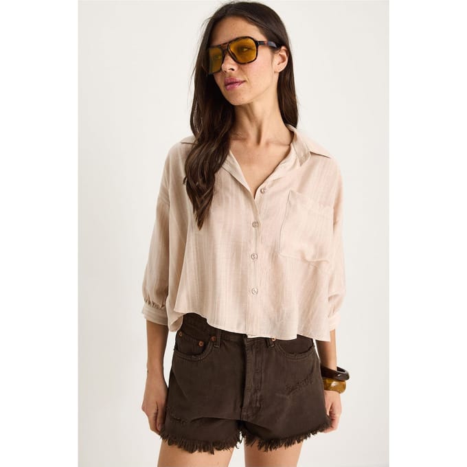 Gestreept Crop Shirt met Textuur, Knoopsluiting en Pocket
